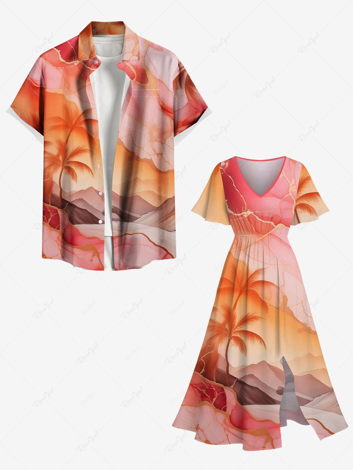 Tenue de plage hawaïenne assortie grande taille, motif ciel ombré, nuages, cocotiers, pour couples orange clair 