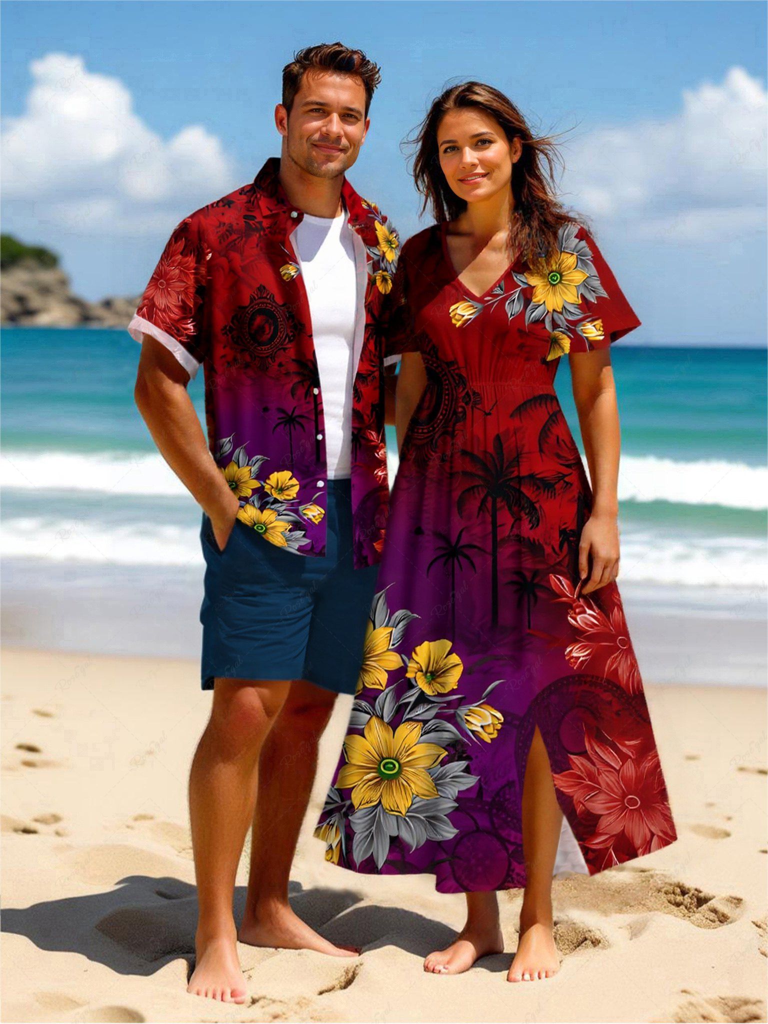 Tenue de plage hawaïenne assortie grande taille à imprimé floral de cocotier ombré pour couples Rouge 