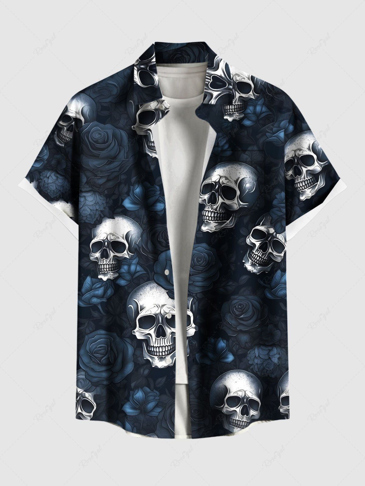 Unique Plus Size Skulls Rose Flower Print Buttons Pocket Hawaii Shirt For Men  