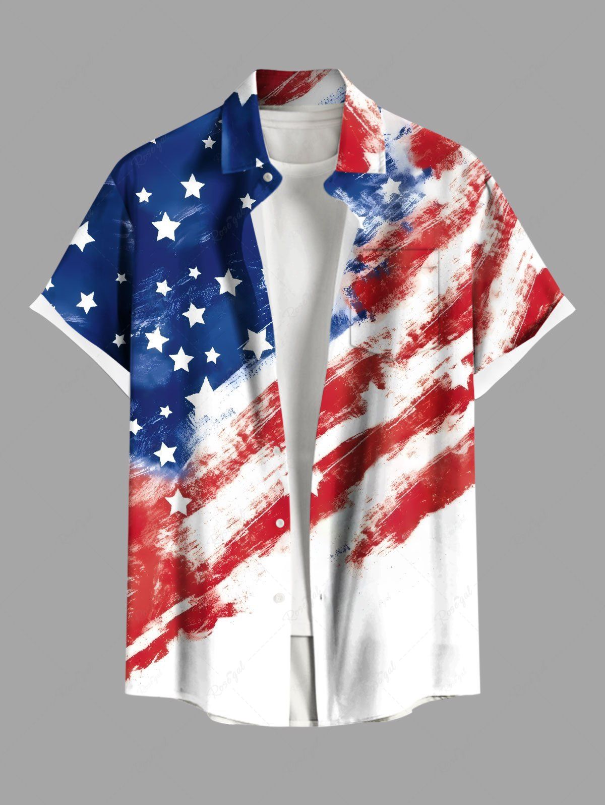 Trendy Plus Size Patriotic American Flag Distressed Print Buttons Pocket Shirt For Men  