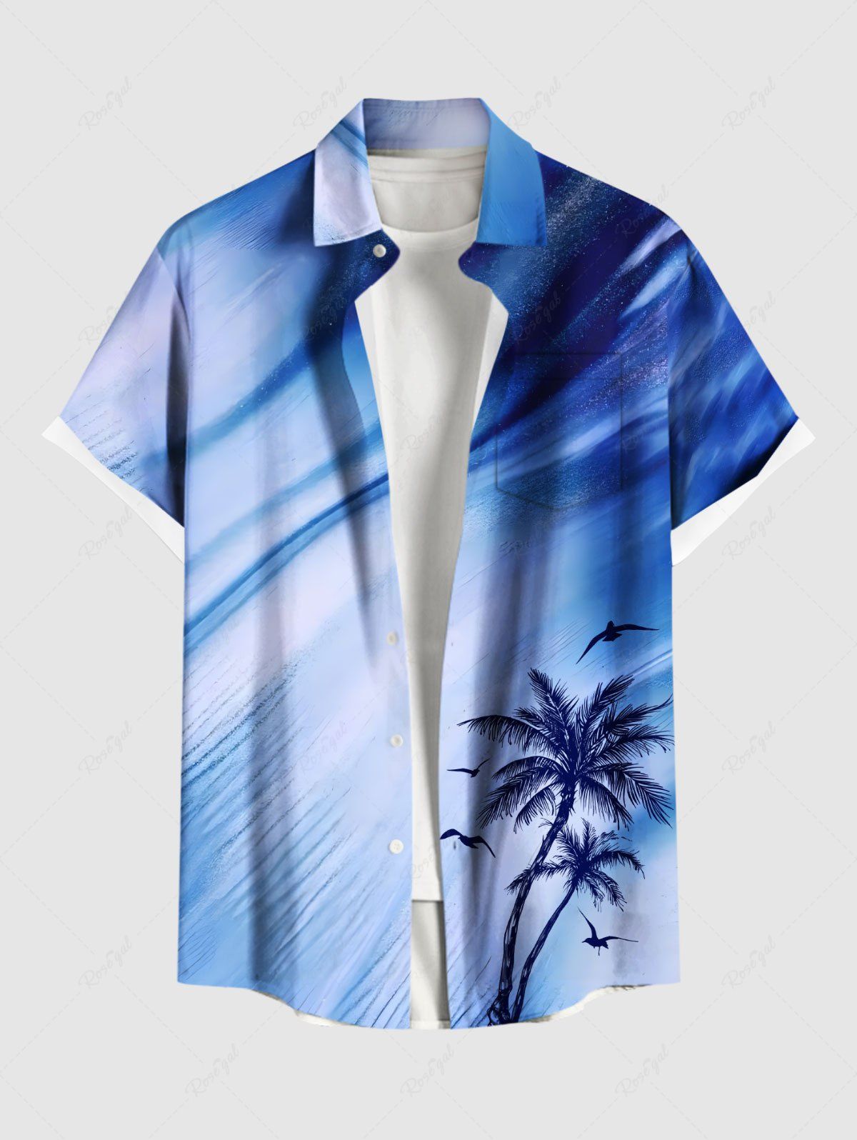 New Plus Size Coconut Tree Bird Ombre Print Buttons Pocket Hawaii Shirt For Men  