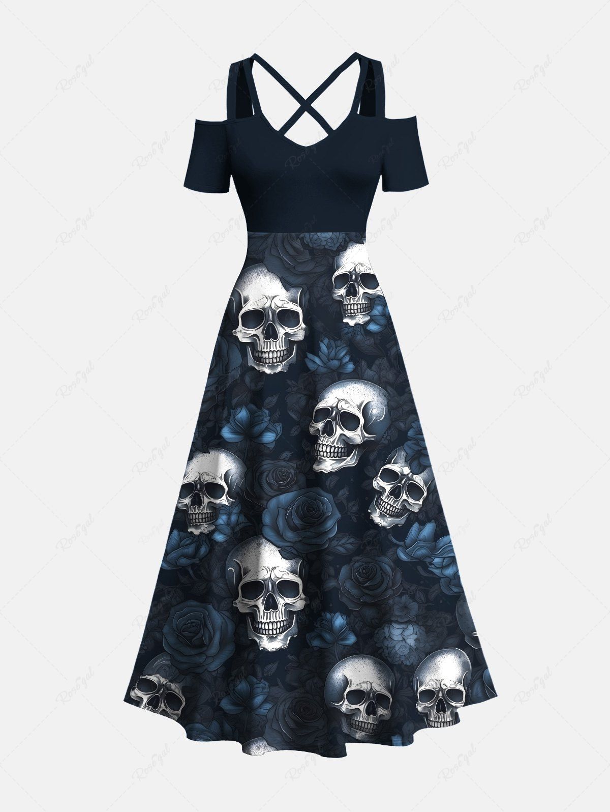 Robe longue hawaïenne grande taille à imprimé tête de mort et roses, épaules dénudées et croisée Noir XXS