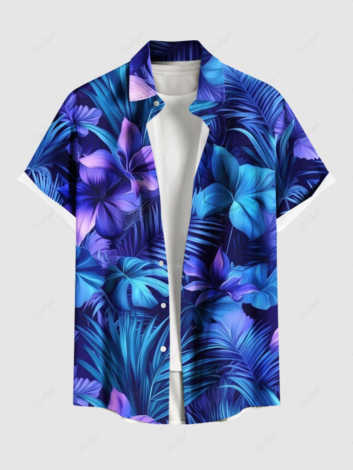 Fashion Plus Size Flower Leaf Tropical Print Buttons Pocket Hawaii Shirt For Men  