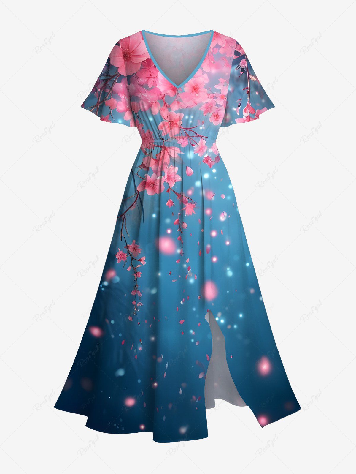 Latest Plus Size Flowers Star Galaxy Print Split Hawaii Midi Dress  