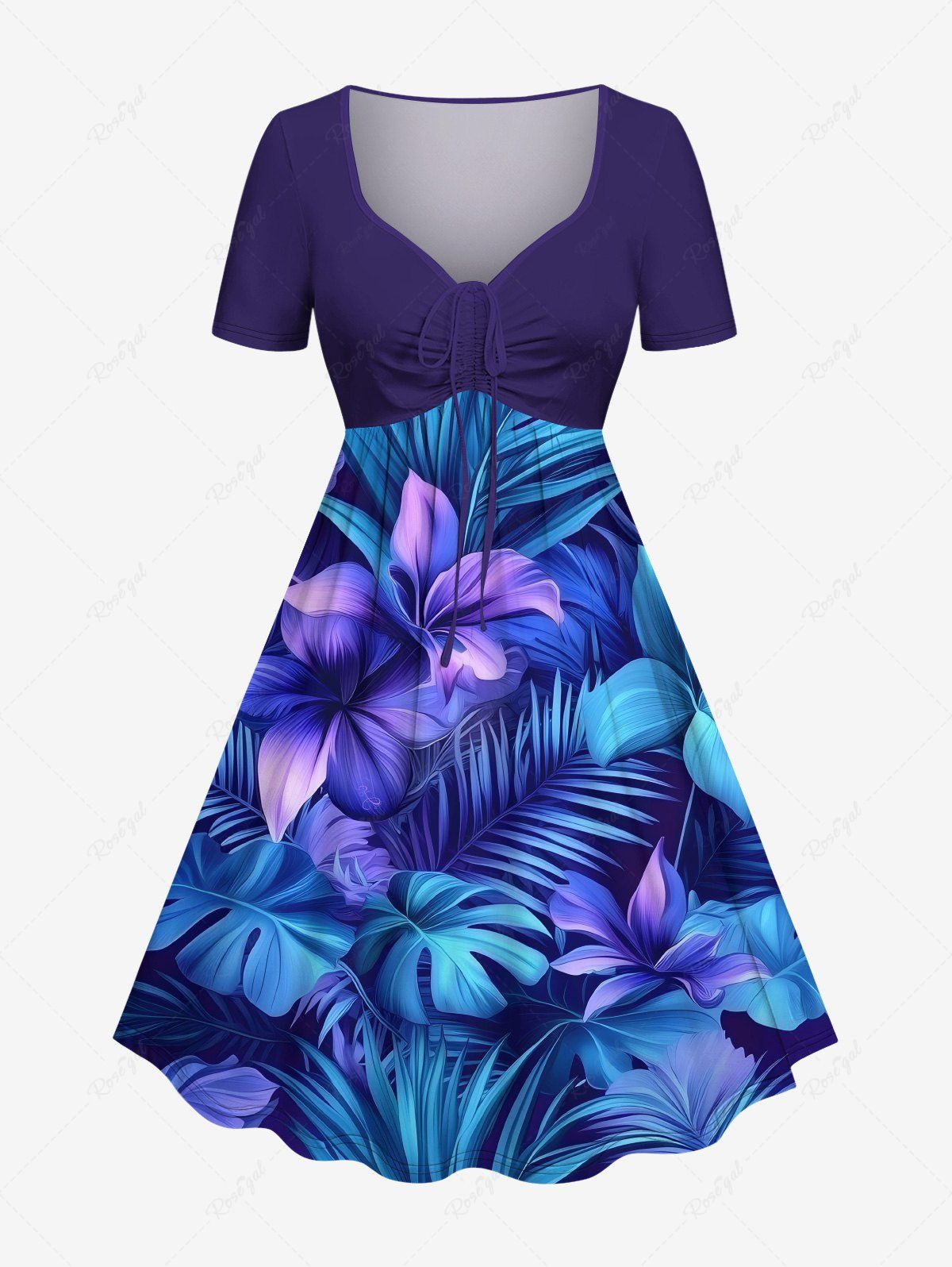 Buy Plus Size Flower Leaf Tropical Print Cinched Hawaii Dress  