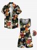 Ensemble chemise et barboteuse hawaïennes assorties, grande taille, tenue de plage, imprimé feuilles tropicales, fleurs et guitare, pour couples - Noir 
