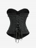Corset à lacets en jacquard floral grande taille avec œillets et bordure plissée et nœud papillon - Noir 3X | US 22-24