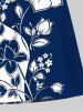 Plus Size Two Tone Flower Leaf Branch Print Hawaii Drawstring Beach Shorts For Men -  