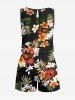 Plus Size Tropical Leaves Floral Guitar Print Hawaii Drawstring Pocket Romper -  