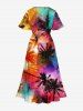 Plus Size Coconut Tree Ombre Graffiti Print Hawaii Split Pocket A Line Midi Dress -  