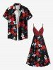 Plus Size Two Tone Floral Ombre Leaves Print Hawaii Surplice A Line Cami Dress -  
