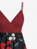 Plus Size Two Tone Floral Ombre Leaves Print Hawaii Surplice A Line Cami Dress -  