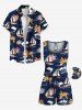 Plus Size Coconut Tree Sailboat Print Hawaii Drawstring Pocket Romper - Bleu profond 1X