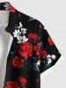 Chemise hawaïenne à boutons et poches, grande taille, imprimé floral bicolore, feuilles ombrées, pour homme - Noir 5XL