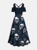 Plus Size Skulls Rose Flower Print Cold Shoulder Crisscross Hawaii Maxi Dress -  