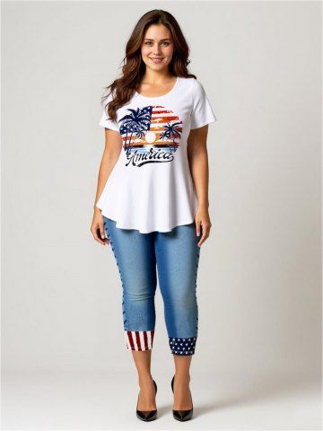 Patriotic American Flag Coconut Tree Sun Seascape Print Plus Size Matching Set - WHITE