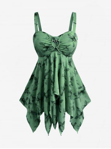 Plus Size Floral Print Heart Buckle Layered Handkerchief Asymmetric Tank Top - GREEN - 2X | US 18-20