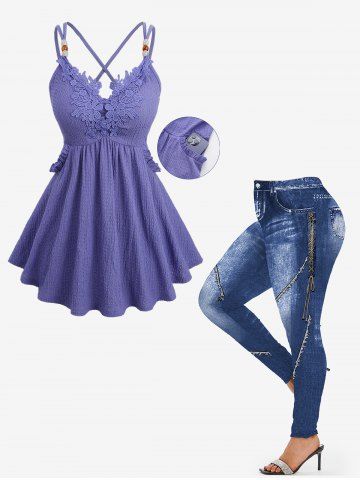 Tenue grande taille avec haut uni texturé à appliqués floraux et leggings imprimés en denim 3D à lacets et surpiqûres - LIGHT PURPLE