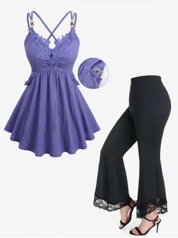 Tenue grande taille avec haut croisé texturé à appliques florales et pantalon évasé taille haute à empiècements en dentelle - LIGHT PURPLE