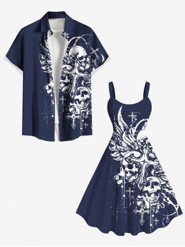 Skull Cross Wings Print Plus Size Matching Outfit For Couples - DEEP BLUE