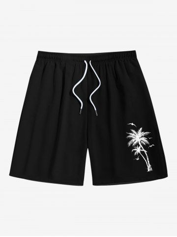 Plus Size Coconut Tree Hand-painted Print Hawaii Drawstring Beach Shorts For Men - BLACK - 7XL
