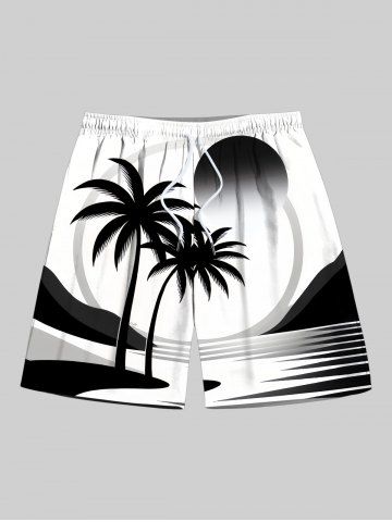 Plus Size Coconut Tree Sun Sea Print Hawaii Drawstring Beach Shorts For Men - WHITE - 7XL