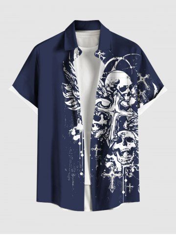 Plus Size Skull Cross Wings Print Button Pocket Shirt For Men - BLUE - 4XL