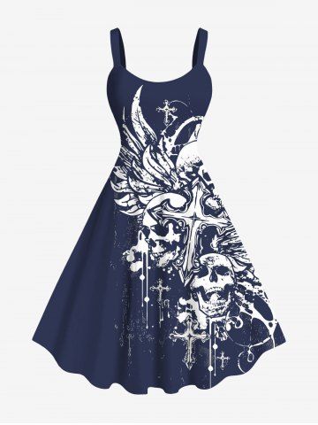 Plus Size Skull Cross Wings Print A Line Tank Dress - DEEP BLUE - 6X