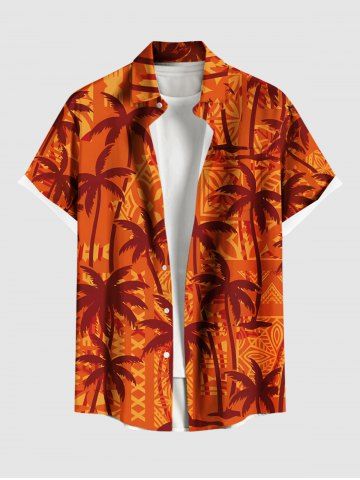 Plus Size Coconut Tree Ethnic Print Hawaii Button Pocket Shirt For Men - ORANGE - L