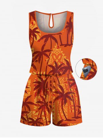 Plus Size Coconut Tree Ethnic Print Hawaii Drawstring Pocket Romper - ORANGE - 3X
