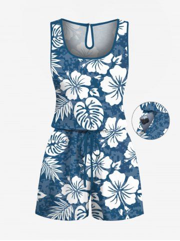 Plus Size Tropical Leaves Hibiscus Floral Print Hawaii Drawstring Pocket Romper