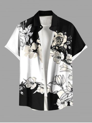 Plus Size Flower Branch Print Hawaii Button Pocket Shirt For Men - BLACK - XL