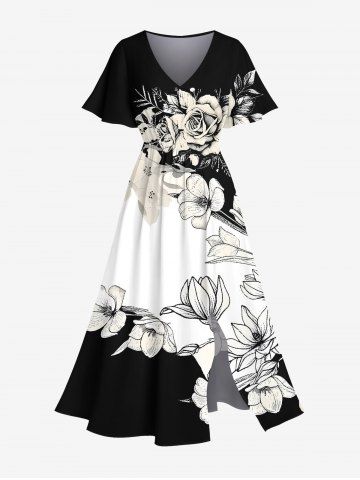 Robe mi-longue hawaïenne à imprimé floral et poches fendues, grande taille - BLACK - 6X