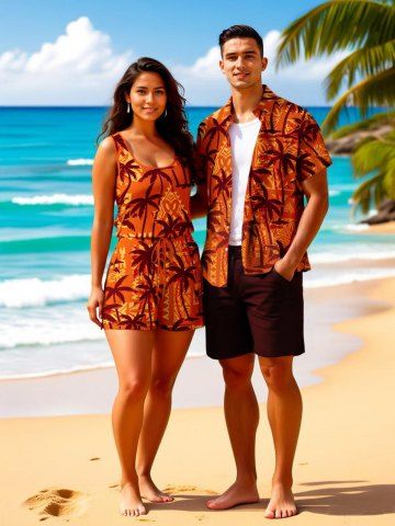 Matching Hawaii Shirt and Romper Plus Size Beach Outfit Coconut Tree Ethnic Print For Couples - ORANGE