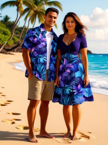 Flower Leaf Tropical Print Plus Size Matching Hawaii Beach Outfit For Couples - BLUE