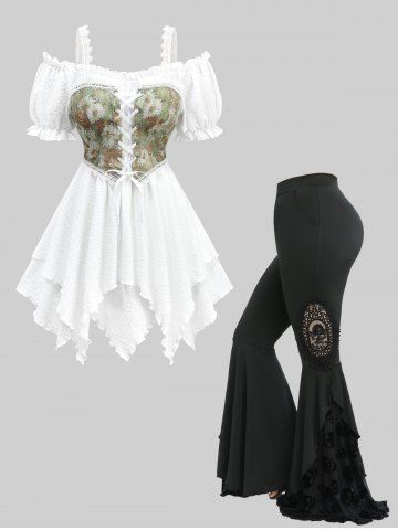 Tenue grande taille avec haut à lacets et épaules dénudées imprimé tournesol et pantalon évasé à appliques floquées de crânes - WHITE