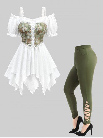 Sunflower Oil Painting Print Lace Up Cold Shoulder Top and Hollow Out Crisscross Side Leggings Plus Size Outfit - WHITE