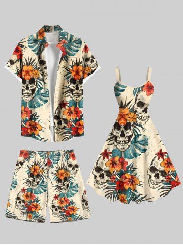 Skulls Tropical Leaf Hibiscus Flowers Print Plus Size Matching Hawaii Beach Outfit For Couples - LIGHT COFFEE