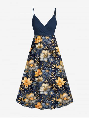Plus Size Flowers Leaf Print Surplice Hawaii Cami Dress - DEEP BLUE - XS