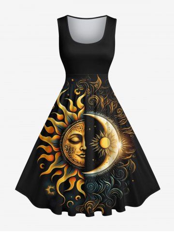 Plus Size Galaxy Sun Moon Star Sunflowers Print 1950s Vintage Dress - BLACK - 6X