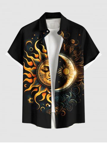 Plus Size Galaxy Sun Moon Star Sunflowers Print Buttons Pocket Shirt For Men - BLACK - 2XL