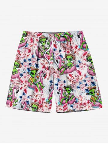 Plus Size Flamingo Swimming Lap Alien Hibiscus Flower Print Hawaii Beach Shorts For Men - LIGHT PINK - 7XL