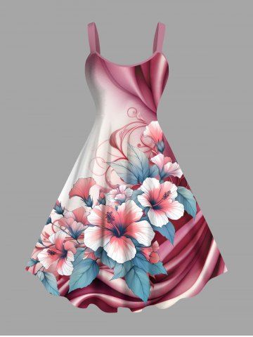 Robe débardeur hawaïenne grande taille à imprimé floral et feuilles d&#39;hibiscus ombré colorblock - LIGHT PINK - 1X