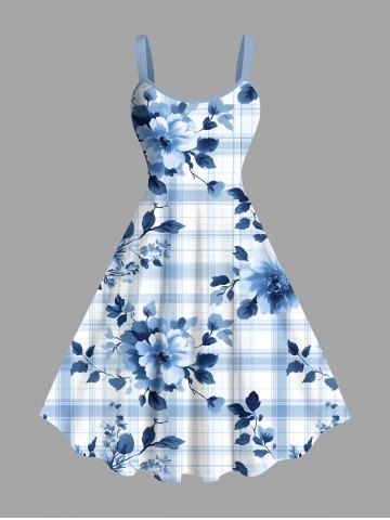 Plus Size Peony Flowers Plaid Print Hawaii Tank Dress - LIGHT BLUE - 3X
