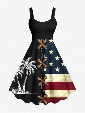 Plus Size Patriotic American Flag Coconut Tree Lace Up 3D Print Tank Dress - BLACK - 5X