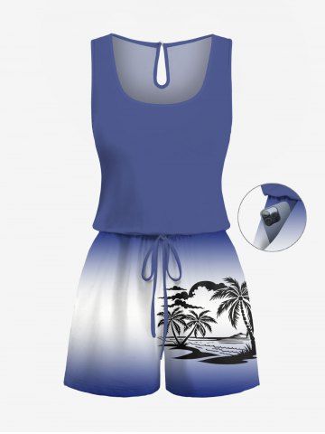 Plus Size Coconut Tree Cloud Sun Seascape Ombre Print Cinched Hawaii Romper - BLUE - XXS