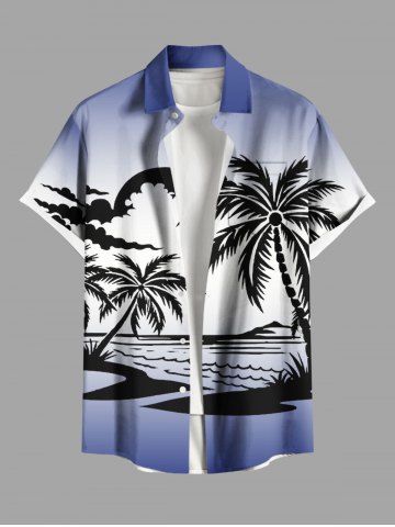 Plus Size Coconut Tree Cloud Sun Seascape Print Buttons Pocket Hawaii Shirt For Men - BLUE - 4XL