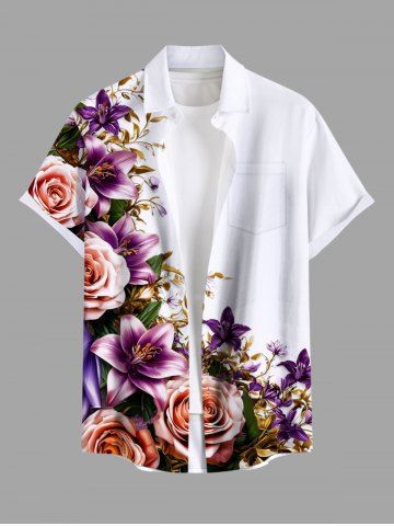 Plus Size Floral Leaves Print Hawaii Button Pocket Shirt For Men - PURPLE - S