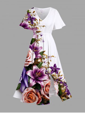 Plus Size Floral Leaves Print Hawaii Split Pocket A Line Midi Dress - PURPLE - 3X