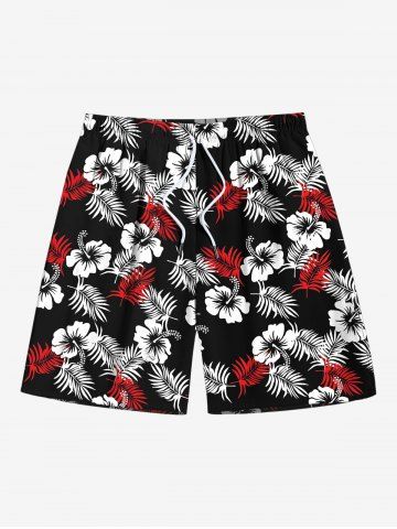 Plus Size Tropical Leaf Hibiscus Flower Print Hawaii Drawstring Beach Shorts For Men - BLACK - 7XL
